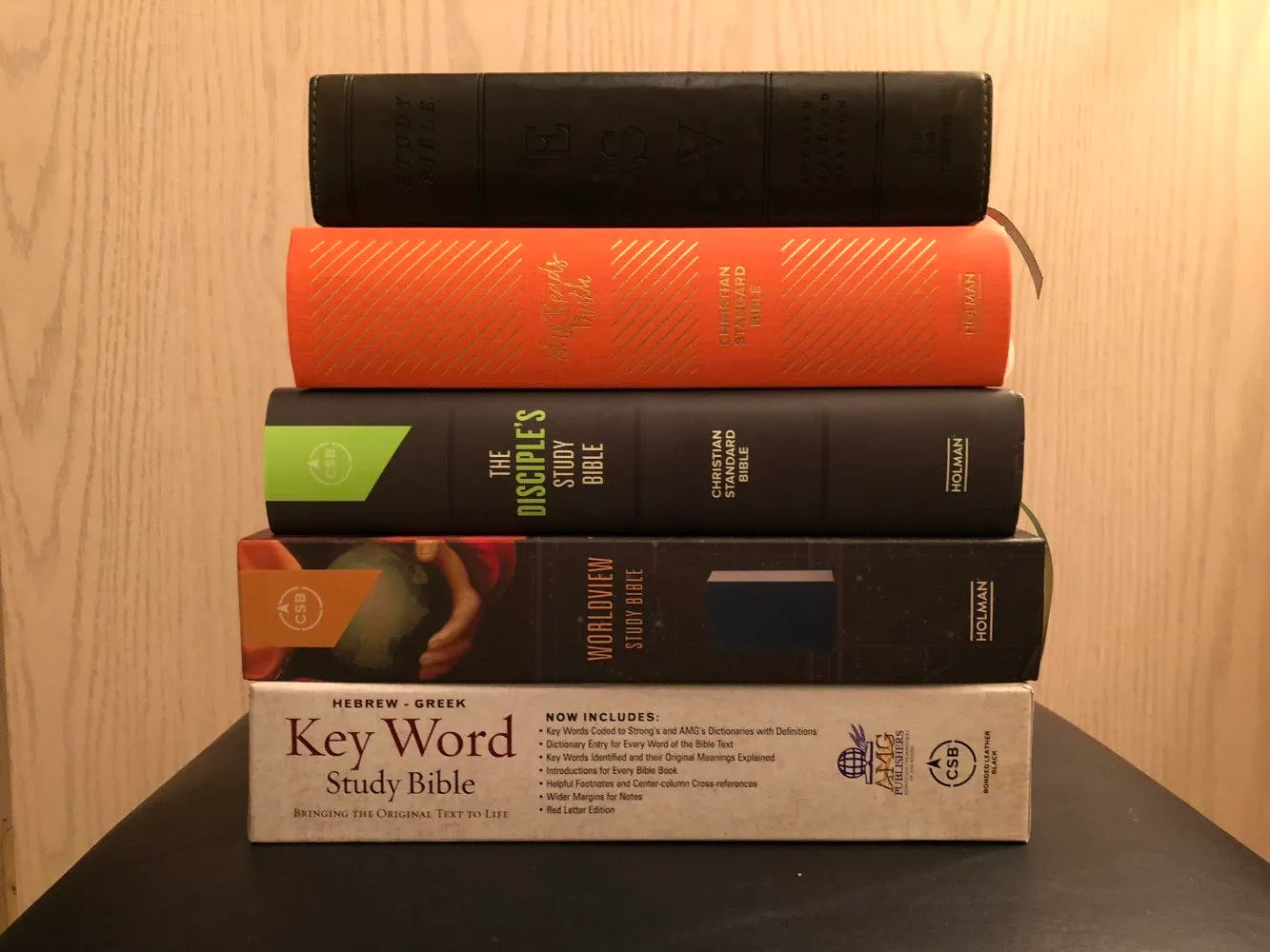 Rows of study Bibles to choose from on a bookstore shelf